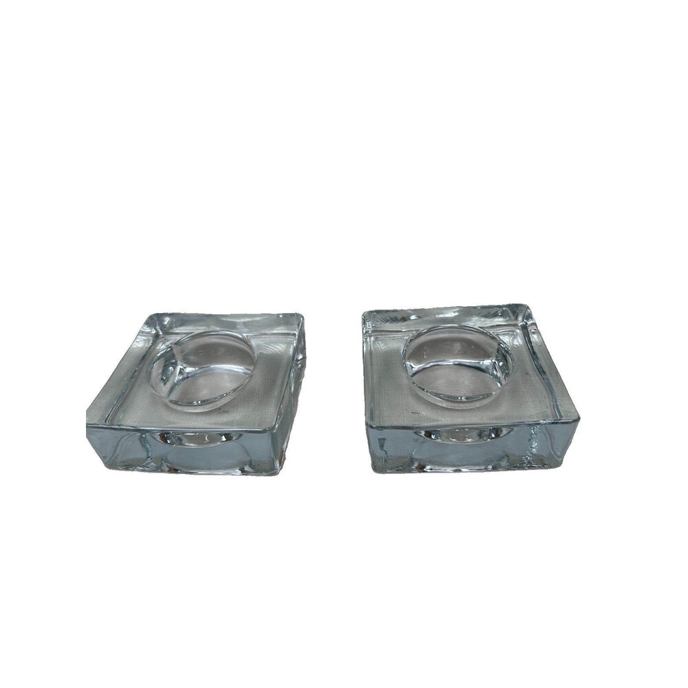 Pair of square crystal tealight candle holder heavy brilliant glass MCM